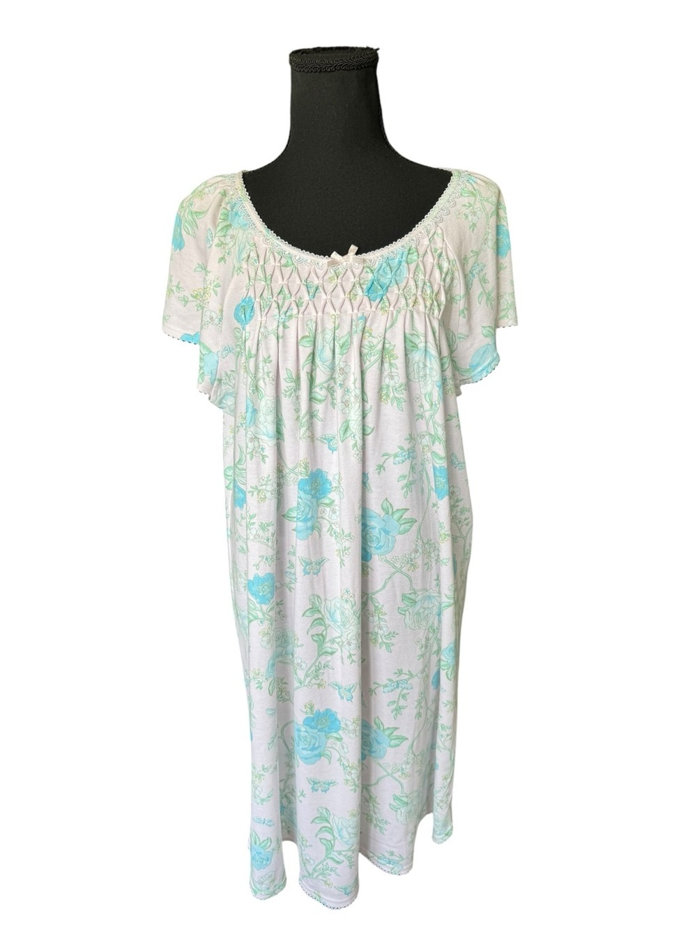 Miss Elaine Floral Nightgown Cottagecore Blue Rose Lace Trim Sleep Dress XL O85